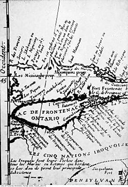 Hand-drawn late 1600s map of Lac de Frontenac (Lake Ontario), showing Ganatsekwyagon (Ganatchekiagon) and Lac Taronto, and the land occupied by the Mississaugas and the Iroquois, with all the map notations written in French
