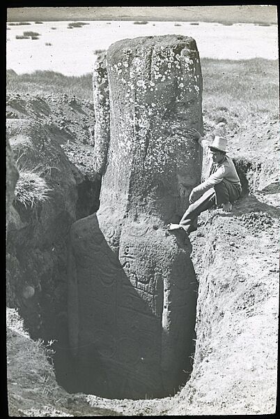View of the back of a moai with petroglyph carvings; Rano Raraku, Mana Expedition to Easter Island, British Museum