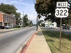 2022-09-05 10 27 05 View west along U.S. Route 322 (Horseshoe Pike) just west of Pennsylvania State Route 10 (Conestoga Avenue-Pequea Avenue) in Honey Brook, Chester County, Pennsylvania