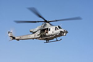 A U.S. Marine Corps UH-1Y Venom helicopter of Marine Light Attack Helicopter Squadron 369 (HMLA-369) in flight, Forward Operating Base Edinburgh, Helmand Province, Afghanistan, Dec 111209-M-CL319-131