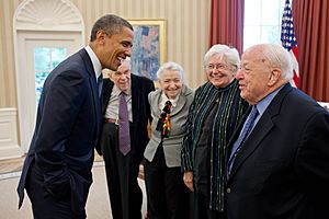 Barack Obama greets Burton Richter and Mildred Dresselhaus