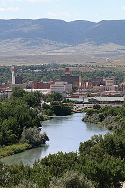 Overview of downtown, looking south toward Casper Mountain, with North Platte River