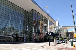 Exterior of the Colorado Convention Center, viewed from the intersection of 14th and Welton