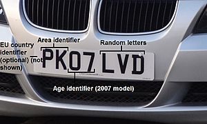 Front British number plate (labelled)