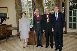 George W. Bush, Laura Bush, Lewis Lehrman, and Richard Gilder