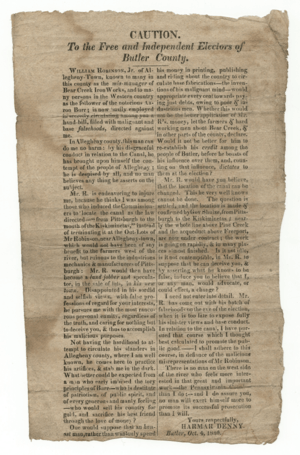 Harmar Denny letter regarding William Robinson, Jr., and Robinson, Jr.'s support of Aaron Burr, October 4, 1826