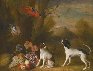 Jakob Bogdány Landscape with Exotic Birds and two Dogs