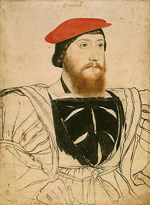 Portrait drawing by Holbein of James Butler, 9th Earl of Ormond, showing a bearded man wearing a red beret