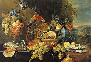 Jan Davidsz de Heem - Abundant Still Life with a Parrot - c. 1655