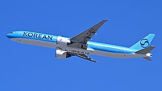 Korean Air Boeing 777-300ER HL8008 departing Boston, April 2025