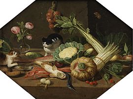 Pseudo-Jan van Kessel (II) - Still life with fish, vegetables, flowers and two cats