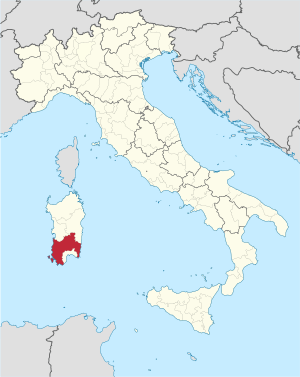 Map highlighting the location of the province of South Sardinia in Italy