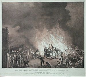 This view of the Fire in Her Majesty's Dock Yard Devonport on the Morning of the 27th Sept 1840, by H. Hainsselin