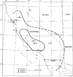 USGS isoseismal map - 1857 Fort Tejon earthquake