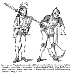 Varlet or Squire carrying a Halberd with a thick Blade and Archer in Fighting Dress drawing the String of his Crossbow with a double handled Winch
