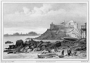 1827 illustration of Castle Hill (Old Sitka, Alaska) by Postels