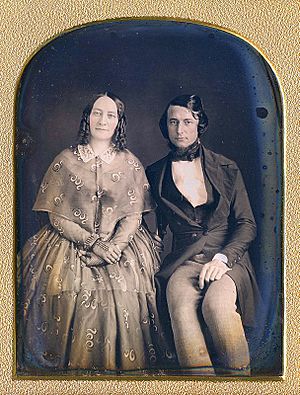 A daguerreotype of a Victorian couple in 1840s clothing
