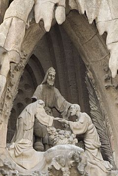 Barcelona - Plaça de Gaudí - Nativity Façade - View SW on Legendary Rendering of the Marriage between Joseph and Mary.jpg