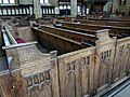 Close up a pew in St John the Baptist Church of England church in Tideswell