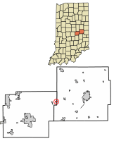 Location of Shirley in Hancock County and Henry County, Indiana.