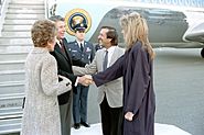 President Ronald Reagan and Nancy Reagan shaking hands with Sonny Bono and Mary Bono