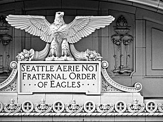 Terracotta ornamentation of the former Eagles Aerie No. 1, Eagles Auditorium Building in Seattle.