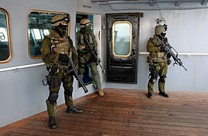 US Navy 040117-N-0331L-021 Spanish Special Operations Forces (SOF) soldiers partner with a U.S. Marine assigned to the 13th Marine Expeditionary Unit (13th MEU) after searching the Military Sealift Command (MSC) combat stores s