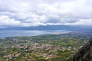 View of the Gulf of Corinth and the modern city of Corinth from the Castle of Acrocorinth