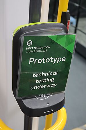 'Prototype' sign on top of new Conduent myki reader on board a G-class tram mockup at Alstom warehouse in Melbourne, Tullamarine (53411924972)