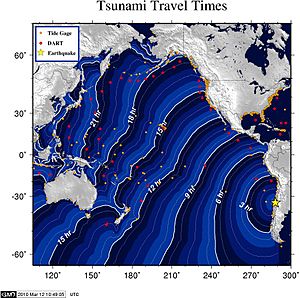 2010 Pichilemu earthquake - tsunami travel time map