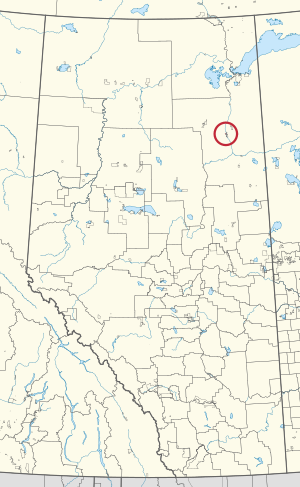 A map of the province of Alberta showing 80 counties and 145 small Indian reserves. One is highlighted with a red circle.