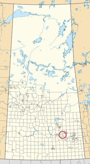 A map of the province of Saskatchewan showing 297 rural municipalities and hundreds of small Indian reserves. One is highlighted with a red circle.