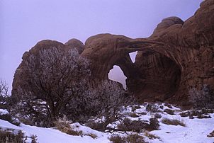 Double Arch. Arches NP winter 1978