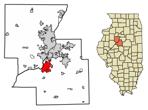Location of Pekin in Tazewell and Peoria counties, Illinois.
