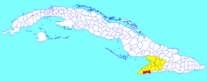 Pilón municipality (red) within  Granma Province (yellow) and Cuba