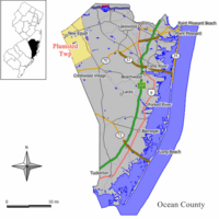 Map of Plumsted Township in Ocean County. Inset: Location of Ocean County highlighted in the State of New Jersey.