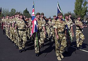 Soldiers of the British Army (United Kingdom) march for a "pass and review" during the opening cermonies of exercise Central Asian Peacekeeping Battalion (CENTRASBAT) 2000, Almaty, - DPLA - efc8d8b83495b26ac4711d669b237367