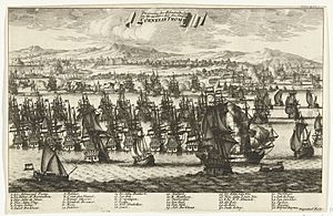 Verovering van Île de Noirmoutier door admiraal Cornelis Tromp, 1674 Verovering der Eilanden Bel-Isle en Narmoutiers door den Admirael Cornelis Tromp (titel op object), RP-P-OB-82.419.jpg