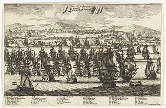 Verovering van Île de Noirmoutier door admiraal Cornelis Tromp, 1674 Verovering der Eilanden Bel-Isle en Narmoutiers door den Admirael Cornelis Tromp (titel op object), RP-P-OB-82.419