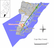 Map of the former Whitesboro-Burleigh CDP in Cape May County. Inset: Location of Cape May County in New Jersey.