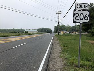 2018-05-23 08 03 04 View south along U.S. Route 206 at Burlington County Route 648 (Willow Grove Road-Old Indian Mills Road) in Shamong Township, Burlington County, New Jersey