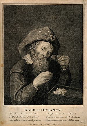 A miser looks at his hoard of gold through his spectacles, w Wellcome V0015825