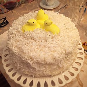 Coconut cake garnished with Peeps candy