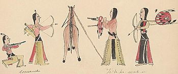 "Meeting between Comanche and Cheyenne Warriors." Drawing by Tichkematse (1879).