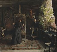 Den danska konstnärinnan Bertha Wegmann målande ett porträtt
