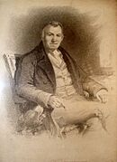 Drawing of Thomas Bewick with his pencil and dog at Cherryburn
