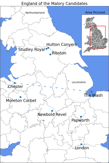 Zoomed view of England showing locations relevant to the question of Thomas Malory's identity