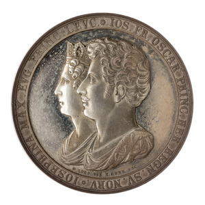 Framsida av medalj med bild av Oscar och Josefina i profil samt text - Skoklosters slott - 99622