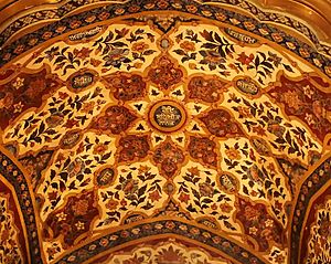 Frescoes containing Gurmukhi calligraphy in tondo sourced from Sikh scriptures above the arches of windows located within the Golden Temple shrine in Amritsar, by Gian Singh Naqqash 01