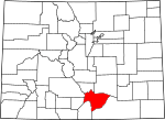 State map highlighting Huerfano County